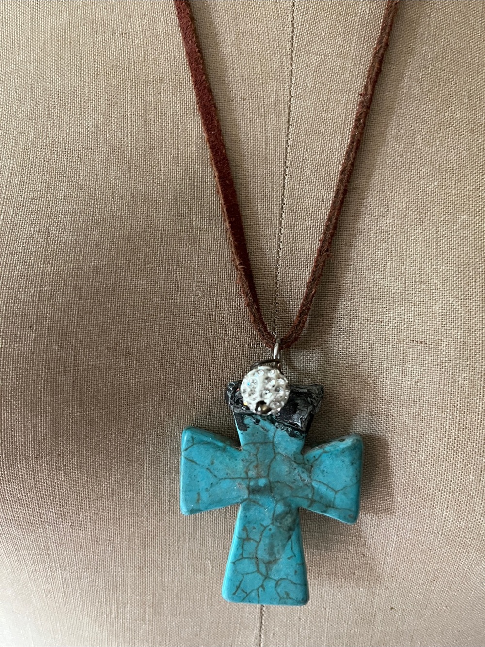 Turquoise look Howlite Cross Pendant Necklace on Brown Suede Cord